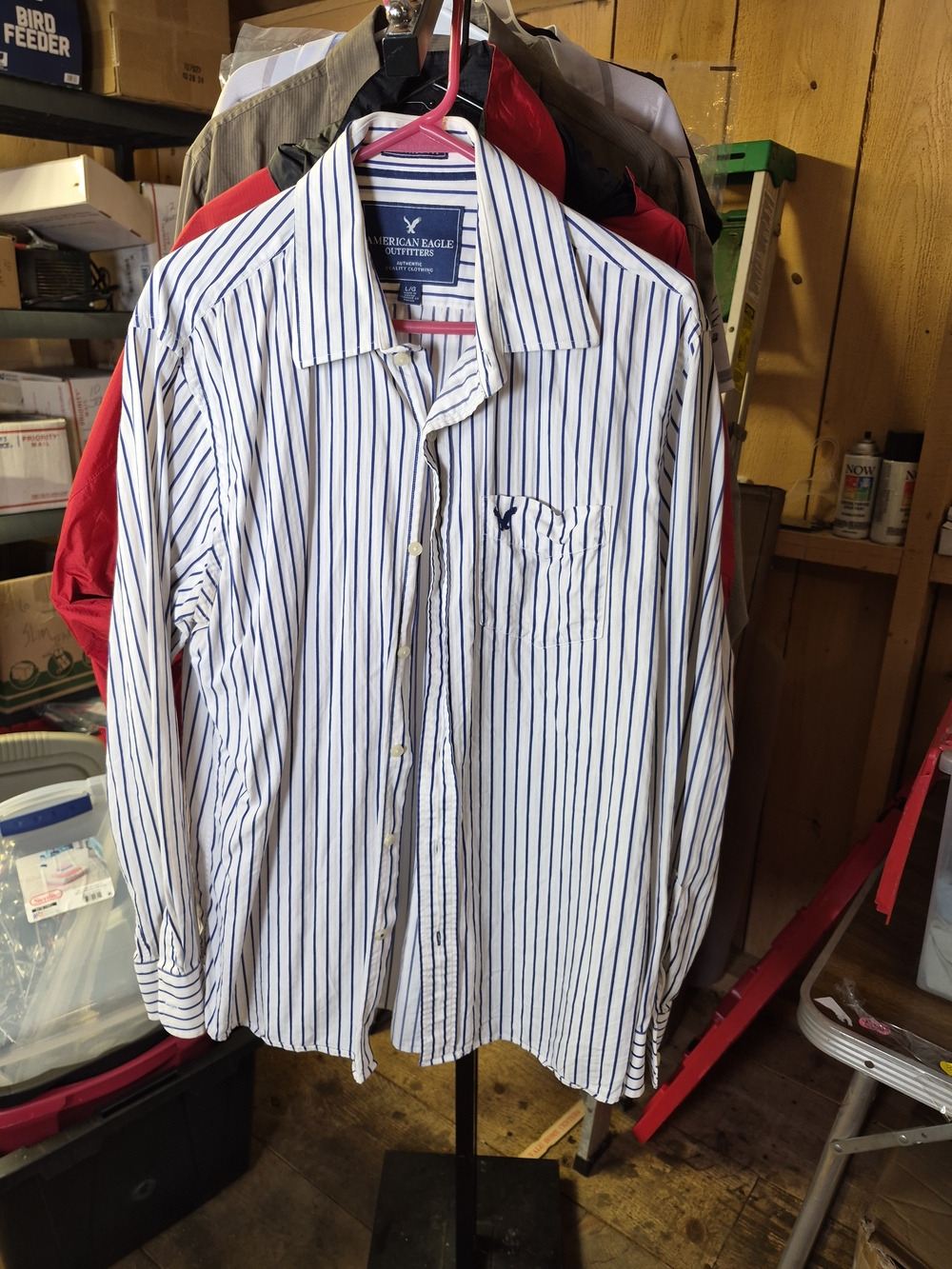 American Eagle Outfitters White Shirt with Navy Stripes Bin 54
